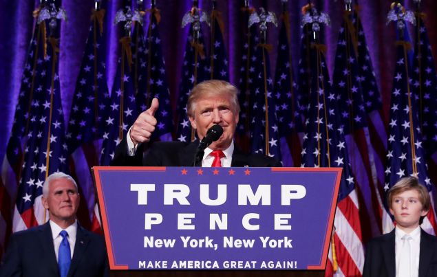 NEW YORK, NY - NOVEMBER 09: Republican president-elect Donald Trump gives a thumbs up to the crowd during his acceptance speech at his election night event at the New York Hilton Midtown in the early morning hours of November 9, 2016 in New York City. Donald Trump defeated Democratic presidential nominee Hillary Clinton to become the 45th president of the United States. (Photo by Chip Somodevilla/Getty Images)